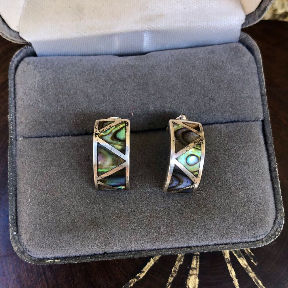 Sterling Silver Abalone Hoop Earrings Vintage
